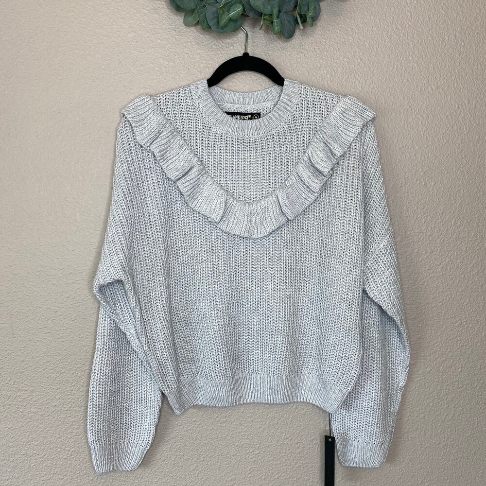 BlankNYC Ruffle Yoke Crew Neck Long Sleeve Pullover Womens Sweater Medium